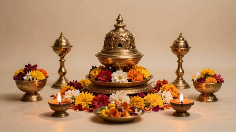 A beautifully decorated South Asian / Indian altar for a Satsang, featuring flowers, lamps, and a serene atmosphere with antique gold and warm cream hues.