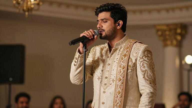A lead singer in a stylish modern outfit performing with a microphone at a South Asian / Indian wedding reception. Dynamic lighting with antique gold tones.