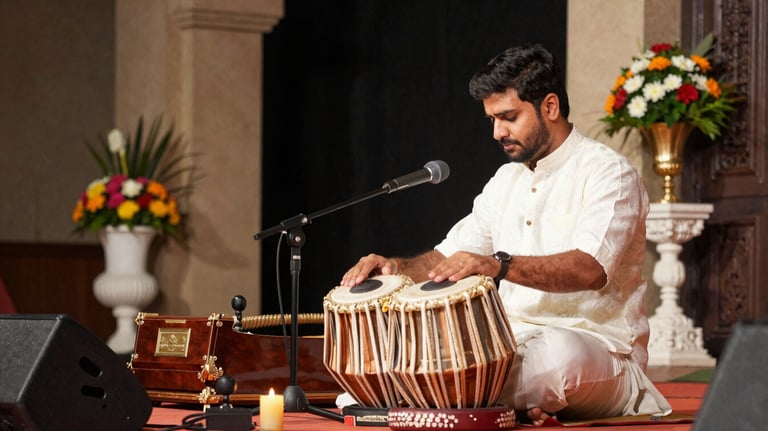 A professional stage setup for a Bhajan Sandhya featuring a tabla, harmonium, and elegant floral arrangements in a South Asian / Indian venue.