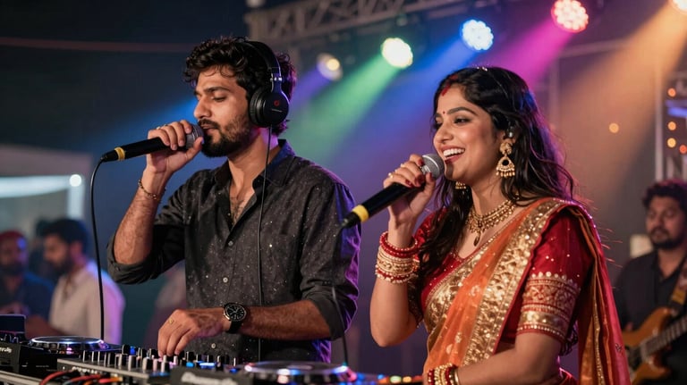 A DJ and singer duo performing 'Wedding Clubbing' music at a South Asian / Indian sangeet night with colorful stage lights and a vibrant atmosphere.