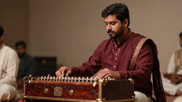 A professional setup of a singer with a harmonium during a traditional South Asian / Indian devotional session. Soft, warm lighting with deep maroon highlights.