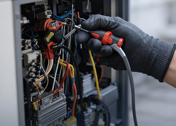 Technician using a thermal imaging probe to inspect complex electrical wiring and circuit components.