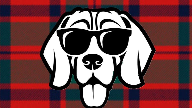 A black & white icon of a hound dog - wearing sunglasses - on a red, black & green tartan background