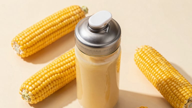 A top-down view of a glass shaker bottle filled with a golden-tinted protein drink, surrounded by raw corn ears on a soft cream background.