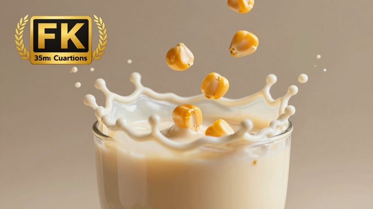 Artistic splash of a creamy, soft-colored protein shake with kernels of corn flying in the air, high-speed photography style.