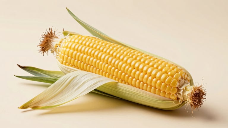 A stylized studio shot of a raw ear of corn with its husk partially peeled back, revealing vibrant golden kernels on a soft cream surface.