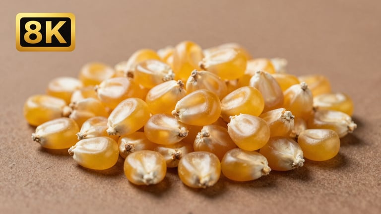 A macro photograph of premium, non-GMO golden corn kernels on a clean earth brown surface, bright and sharp focus.