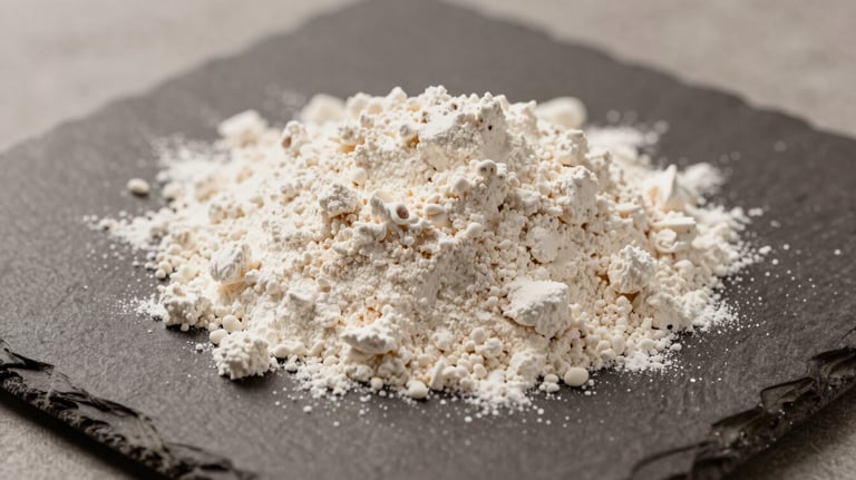 A sophisticated shot of textured corn flour and protein powder artistically arranged on a muted brown slate, minimalist and clean.