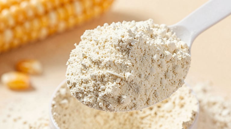A close-up shot of a high-quality protein scoop lifting smooth, off-white powder, with golden corn grain blurred in the background.