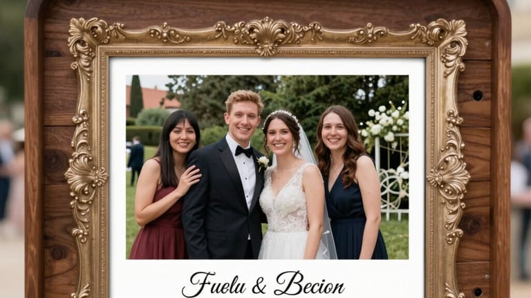 Close-up of hands holding freshly printed photo strips with colorful event branding