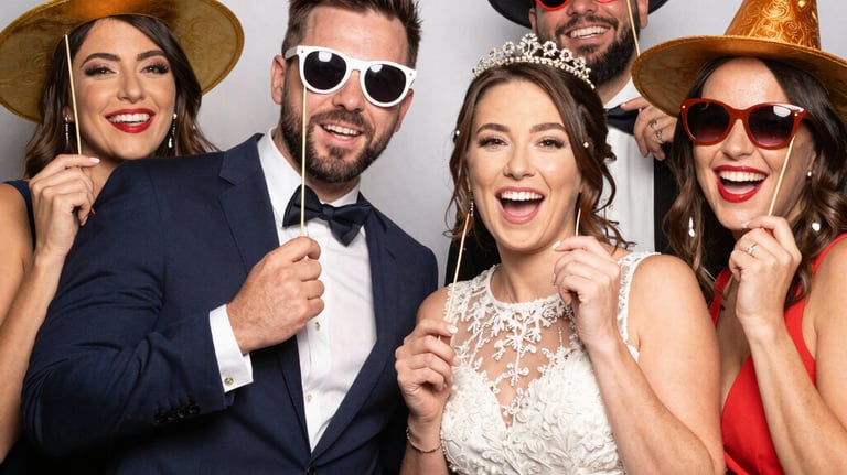 Guests laughing and posing in front of a modern photobox at a lively wedding party