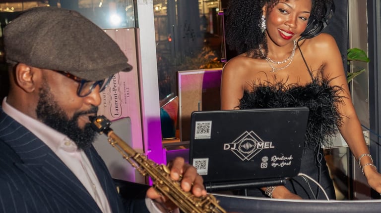 Wedding entertainment with saxophonist and female guest celebrating at London event venue