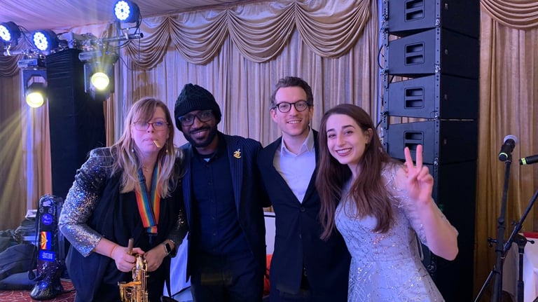 Wedding guests celebrating with live saxophonist in London - professional entertainment for special 