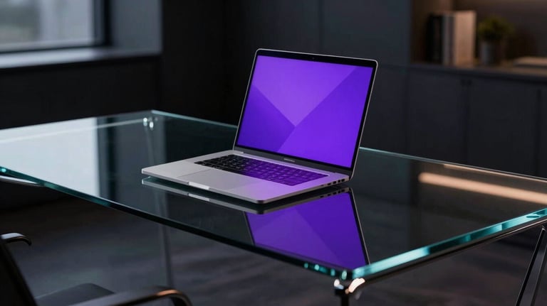 Futuristic glass desk with a slim laptop reflecting purple neon lights in a dark, high-end office in Santiago de Chile.