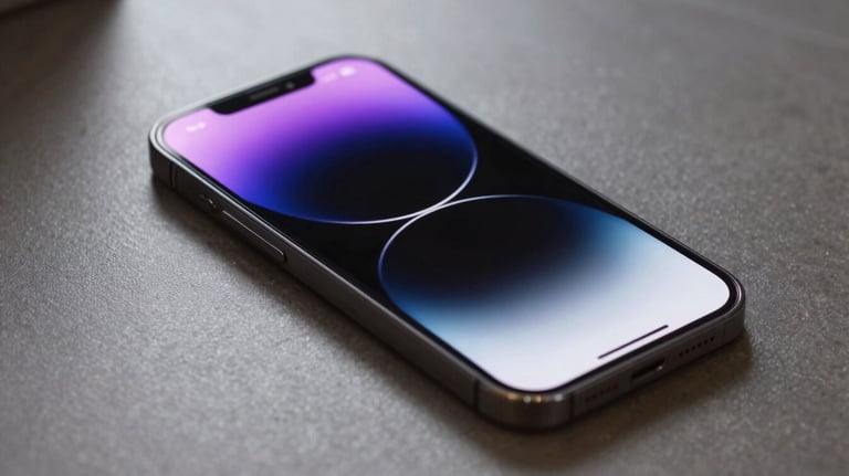 A sleek smartphone displaying a modern, user-friendly mobile interface with purple accents, sitting on a polished surface.