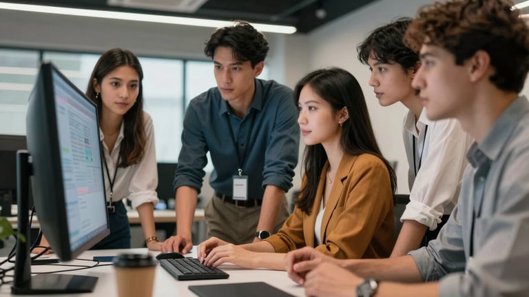 A group of young professionals collaborating around a digital screen in a high-tech workspace, wearing modern attire, professional atmosphere, Latin American context.