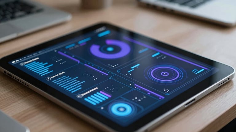 A close-up shot of a modern tablet displaying glowing blue and purple data visualizations in a professional office setting in Buenos Aires.