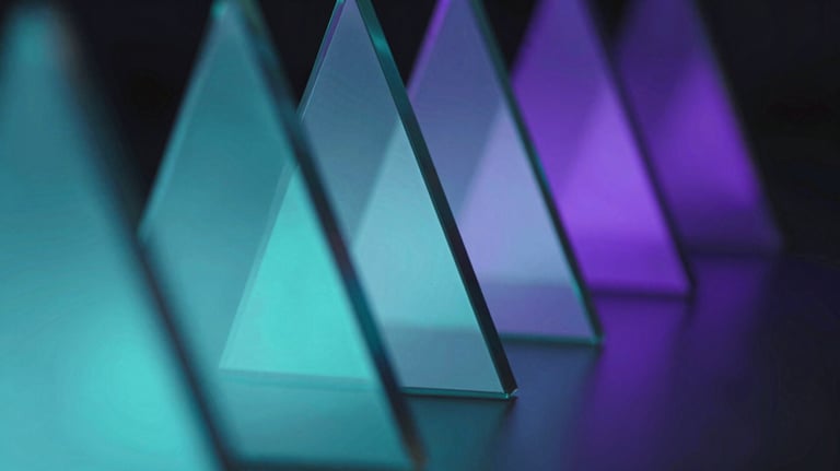 An abstract, professional shot of light refracting through glass prisms, creating a spectrum of cyan and purple light, professional and futuristic.