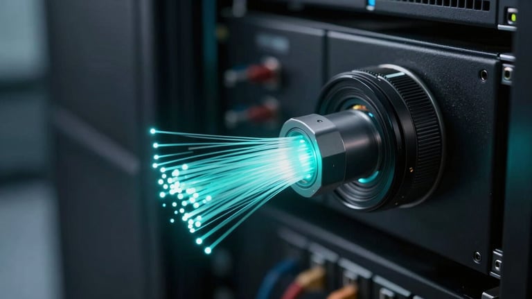 Close-up of a high-speed fiber optic connection glowing with cyan light in a dark data center, symbolizing fast digital marketing results.