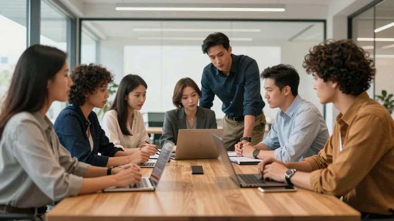 A group of diverse professionals in business casual wear collaborating around a large wooden table in a bright, modern North American office.