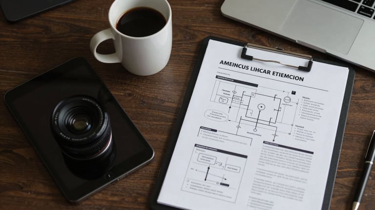 A top-down view of a designer office desk with a tablet, a clean coffee mug, and a strategic plan document in a North American setting.