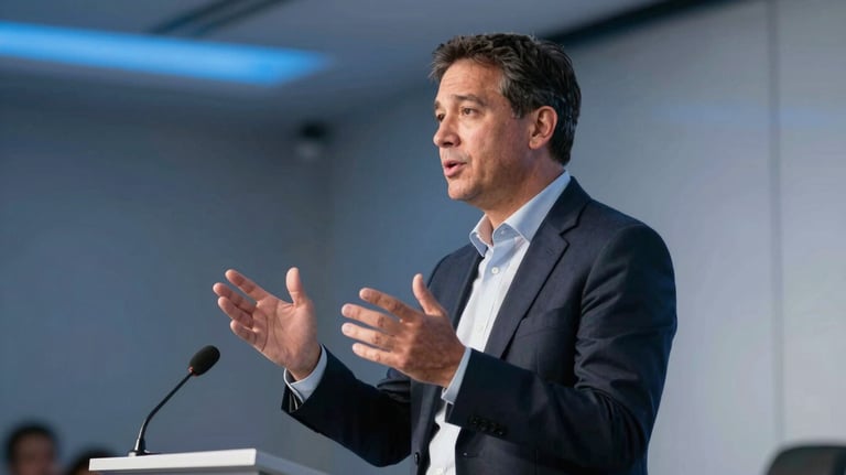 A professional North American business leader gesturing during a keynote presentation in a modern conference hall with soft blue ambient lighting.