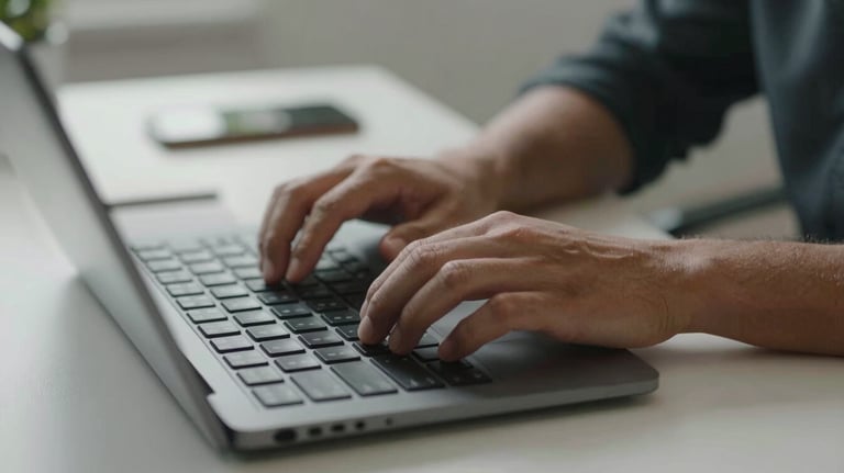 A close-up of a person's hands typing on a high-end keyboard in a stylish, minimalist home office in North America.