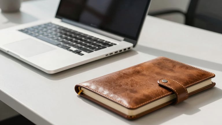 A close-up of a modern silver laptop and a high-quality leather notebook on a clean white desk in a sunlit North American corporate office.