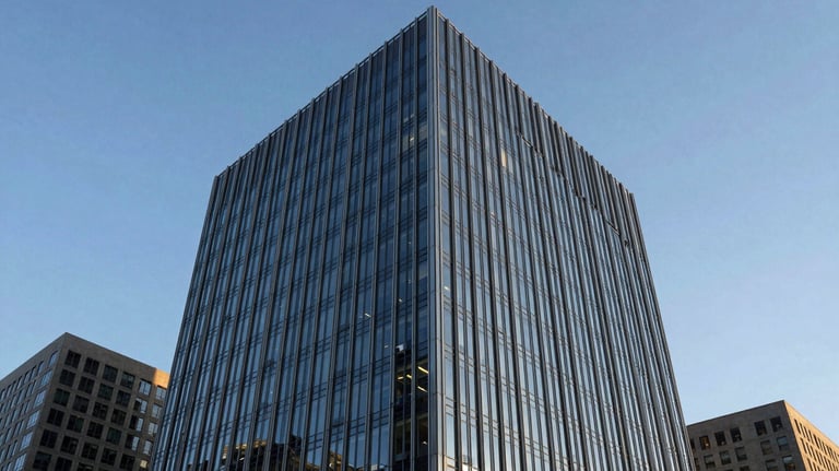 A sleek, modern architectural building made of glass and steel under a clear blue sky in a North American financial district.
