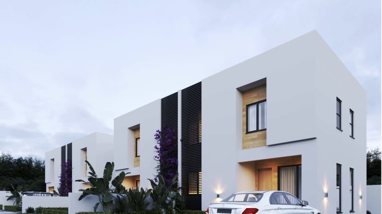 Villa en projet de construction à kribi, style minimaliste, auto de luxe et jardin luxuriant.