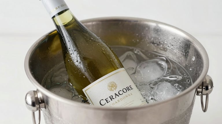 A chilled bottle of Ceracore Chardonnay resting in a minimalist silver ice bucket. Condensation beads on the glass. Bright, clean light. Palette: #A4BC9F and #F7F7F7.