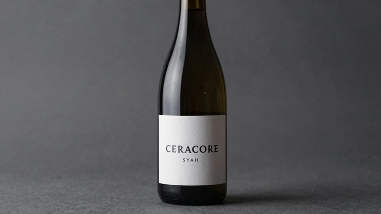 A minimalist studio shot of a Ceracore Syrah bottle. The label is clean and white with dark text. The lighting is moody and focused, highlighting the sleek curves of the glass. Tones of #2C3333 and #F7F7F7.