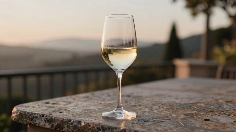 A glass of Pinot Grigio on a weathered stone terrace at dusk. The golden hour light makes the wine glow. Sophisticated and inviting. Incorporates #597E52 and #F7F7F7.
