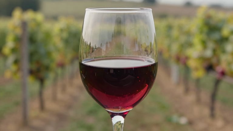 A close-up of a crystal glass half-filled with deep ruby red wine. The wine catches the light, showing clarity and body. The background is a soft-focus vineyard. Highlights of #597E52.