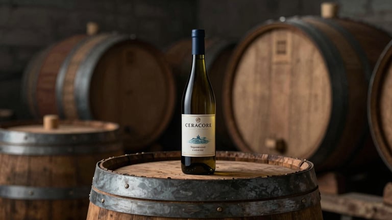 An artistic shot of an oak barrel in a dimly lit cellar. A single bottle of Ceracore Signature Blend rests on the wood. The atmosphere is one of timeless craftsmanship. Uses #2C3333 and #A4BC9F.