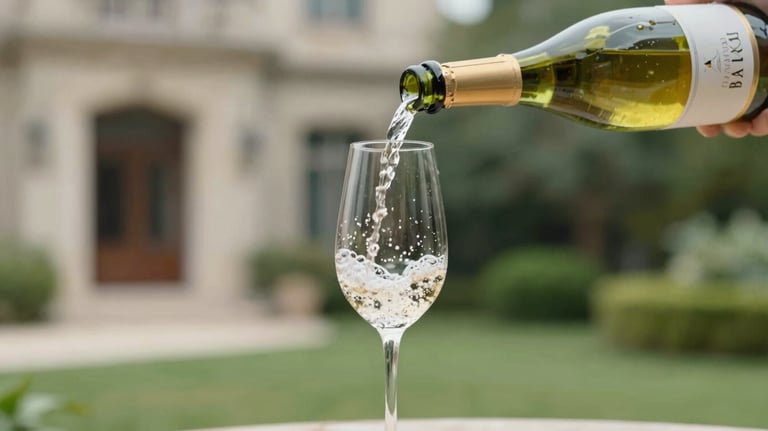 An elegant action shot of a Blanc de Blanc bottle being poured into a tall flute. Fine bubbles are visible. The background is a blurred luxury estate garden. Tones of #A4BC9F.