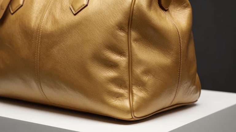A luxury travel bag in rich gold leather resting on a white minimalist pedestal, high-fashion lighting, sharp focus on stitching detail.
