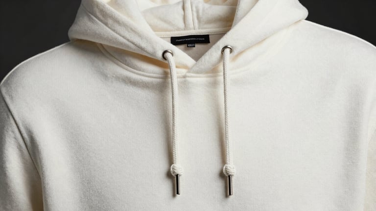A premium designer hoodie in a soft white fabric, focused on the quality of the drawstrings and knit, minimalist studio setup.