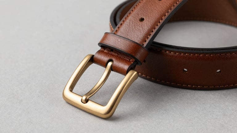 Close-up of a premium leather belt with a metallic gold buckle, presented on a minimalist grey surface with sharp lighting.