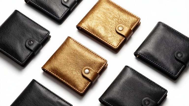 Flat lay of minimalist leather wallets in deep black and metallic gold, professionally arranged on a pure white background.