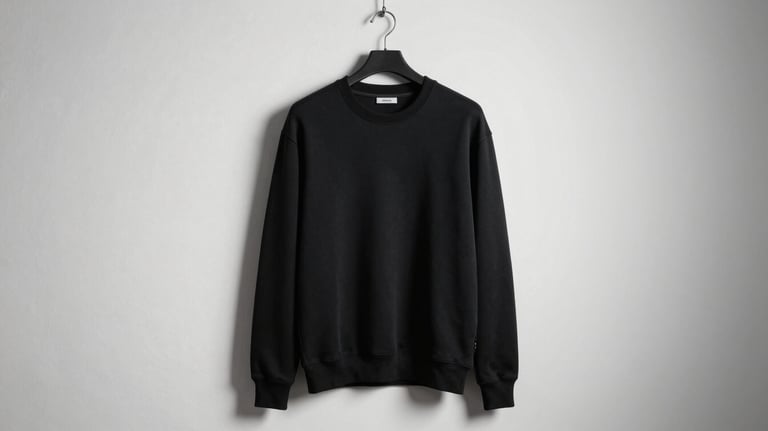 A high-end urban sweatshirt in deep black cotton displayed on a minimalist hanger against a white wall, fashion editorial style.
