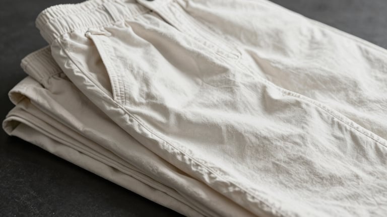 A stack of premium baggy pants in soft white and neutral tones, showcasing high-quality textile textures, studio lighting.