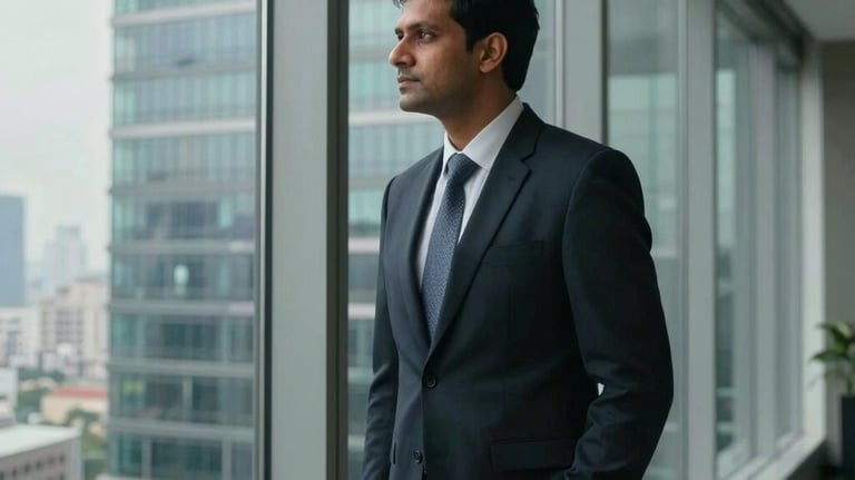 A South Asian professional standing by a large glass window in a high-rise office in Dhaka. They are looking out over the city with a thoughtful expression. The style is cinematic and premium, emphasizing leadership and vision.
