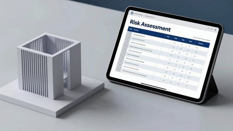 A minimalist workspace in Bangladesh featuring a single architectural model and a digital tablet showing a risk assessment matrix. The style is premium and corporate, with clean lines and a palette of light gray and navy blue.