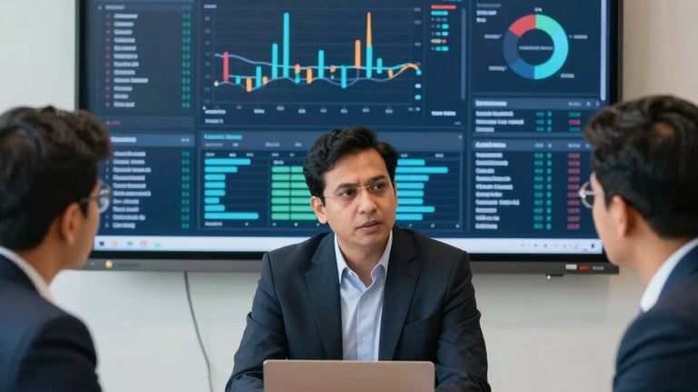 A detailed photograph of a professional team meeting in Dhaka. Three colleagues are engaged in a strategic discussion around a large screen displaying complex data. The lighting is bright and modern, using deep navy corporate tones.