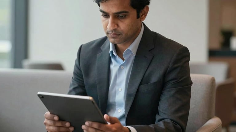 A focused South Asian professional reviewing financial reports on a tablet in a premium corporate lounge. The lighting is crisp and the composition is minimalist, using charcoal and navy tones to convey stability and expert guidance.
