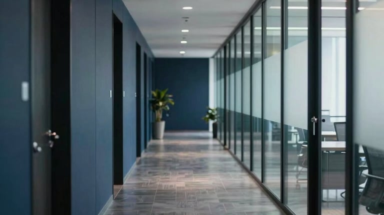 A photography shot of a sleek, modern Bangladeshi office hallway. The composition uses leading lines and soft lighting to create a sense of movement and direction. The professional atmosphere is enhanced by a palette of navy and charcoal.