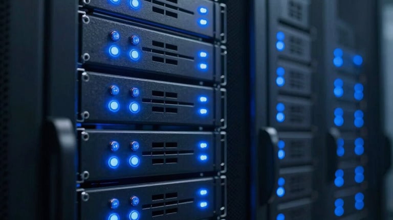A high-resolution photograph of a server room with glowing blue status lights, reflecting a secure and structured technical environment. The style is modern and high-tech, using deep charcoal and navy blue tones.