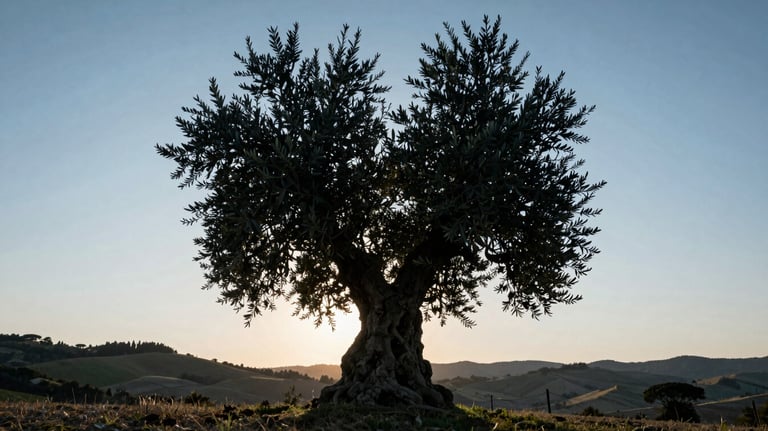 A photography of an ancient olive tree silhouette against a light sky blue dawn. The setting is a peaceful Southern European hillside. The light is ethereal and calm.