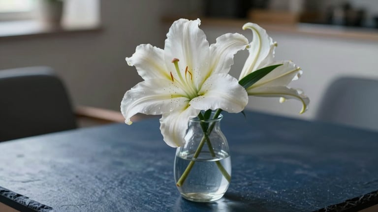 A detailed photography of a single white lily in a glass vase, placed on a dark slate blue surface. Soft lighting coming from the side, creating elegant shadows in a modern Southern European interior.